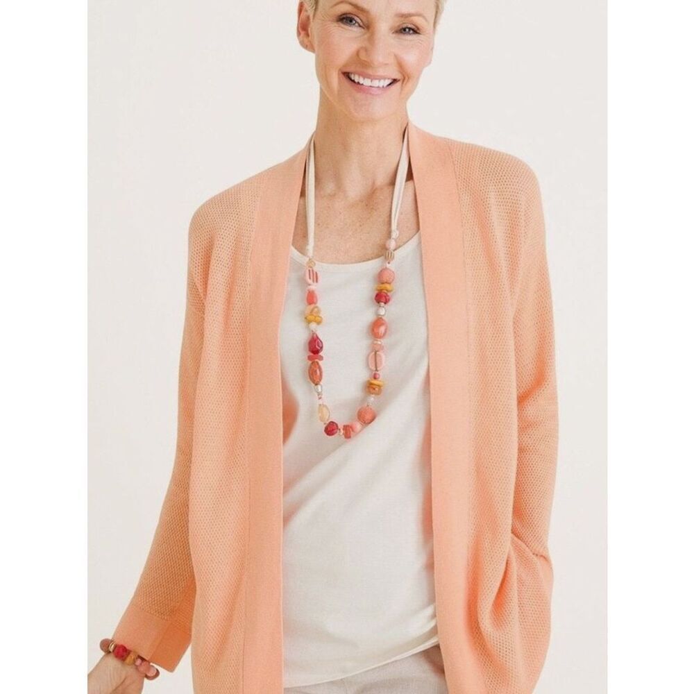 Chico’s Coral Open-Front Linen Cotton Nectarine Cardigan Size 1=Medium